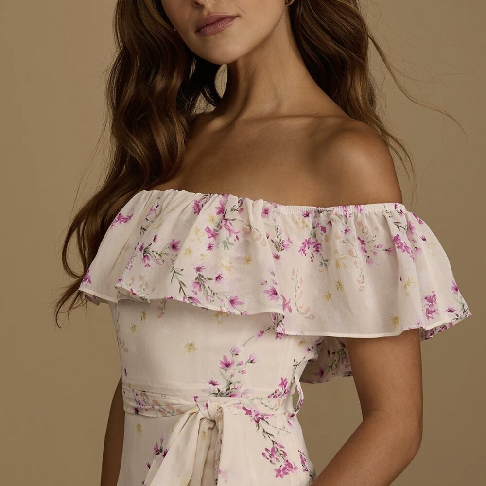 NWT Lulus Amazing Moment Light Pink Floral Print Off-the-Shoulder Dress (size S) - Picture 2 of 6